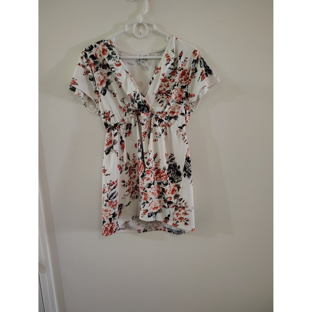 Oh! Mamma‎ Maternity Floral Empire Waist V-Neck Tunic Top White Coral Large